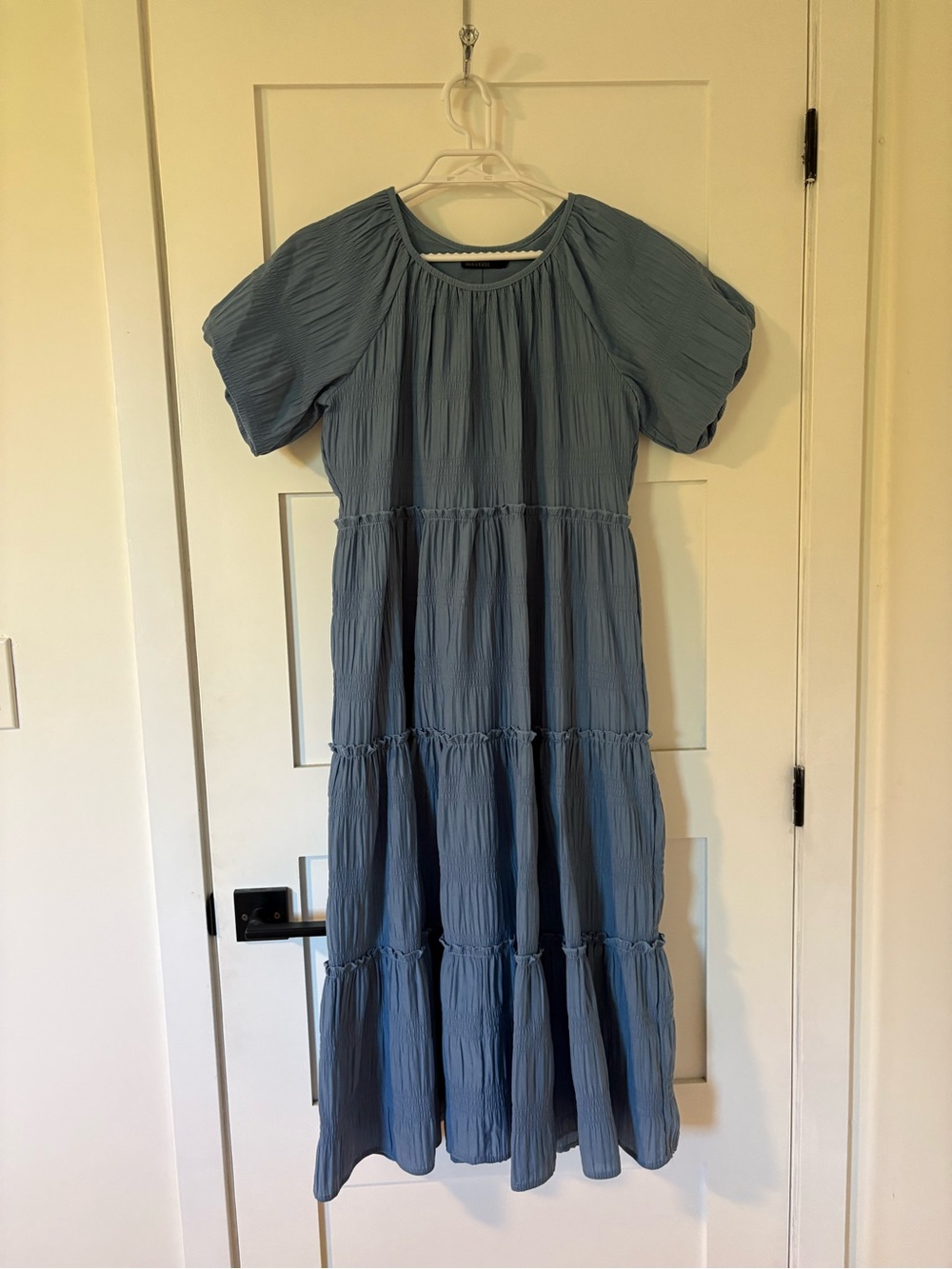 Mikarose Dusty Blue Crinkle Tiered Short-Sleeve Maxi Dress